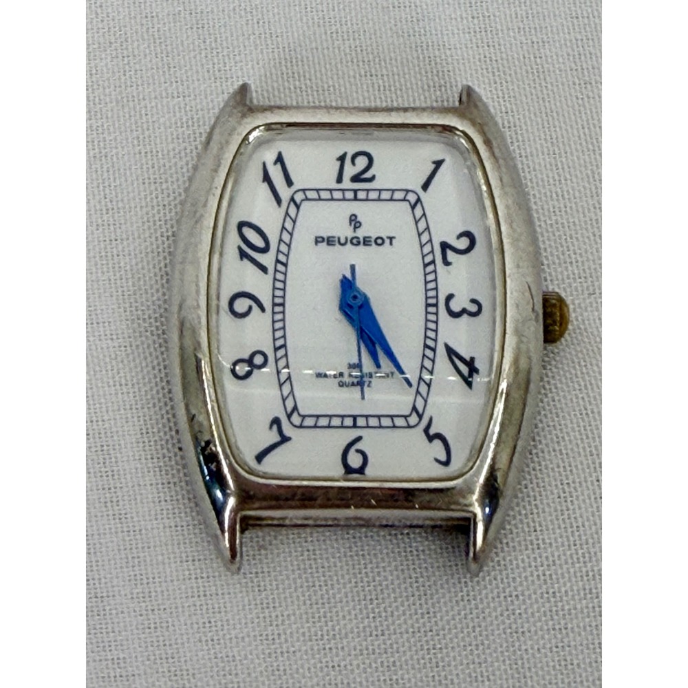 Peugeot 3014 Quartz Watch Head Silver Tone Tonneau Blue Numerals White Dial 3ATM